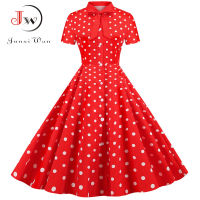 สีแดงลายจุดพิมพ์วินเทจ Dress ผู้หญิงฤดูร้อนแขนสั้นโบว์คอปกเสื้อ Dress Pin Up 50วินาทีพรรคหรูหรา Vestidos