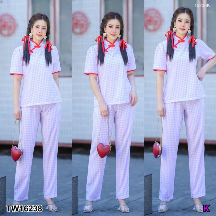 tw16238-set-สาวอวบ-2-ชิ้น-เสื้อคอจีนแขนพอง-แต่งกระดุมจีน