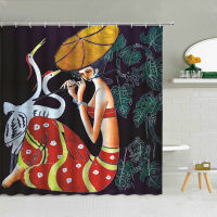 Japanese Traditional Theme Shower Curtain Kimono Woman Sakura Pavilion Bird Waterproof Fabric Bathroom Decor Hooks Curtains Set