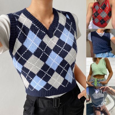 HOT SALE Womens Casual Plaid Knitted Tank Top Knitwear Preppy Style V-Neck Vest Sweater