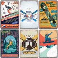 Vintage Skiing Poster Metal Sings Winter Skiing Sports Retro Metal Tin Plate for Ski Club Garage Home Wall Decoration Baking Trays  Pans