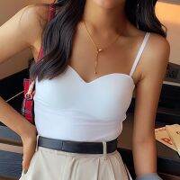 Summer Womens White Top Sleeveless Thin Straps Camisole Solid Color Tank Top with Cups Summer Ice Silk Comfortable Sling