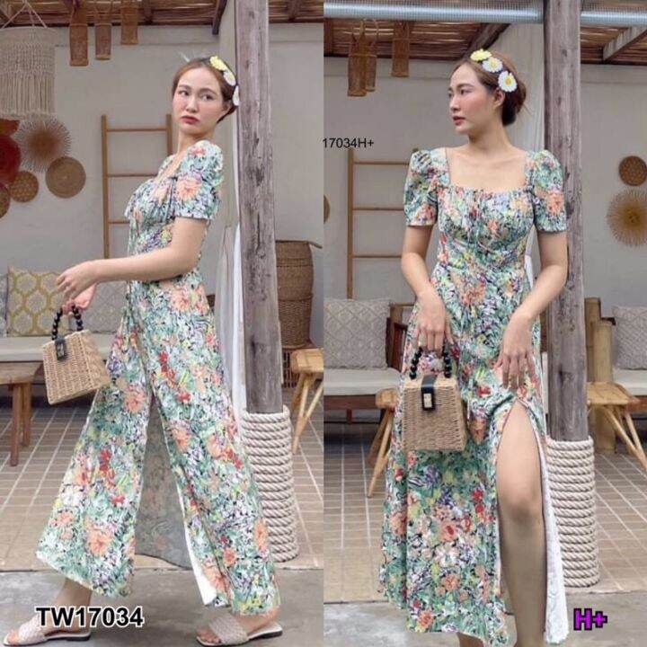 maxi-dress-เดรสยาวลายดอกไม้โทนสีเข้ม-ขับผิวมากค้า-กระโปรงผ่าด้านหน้าใส่สบายพริ้วมากค้า