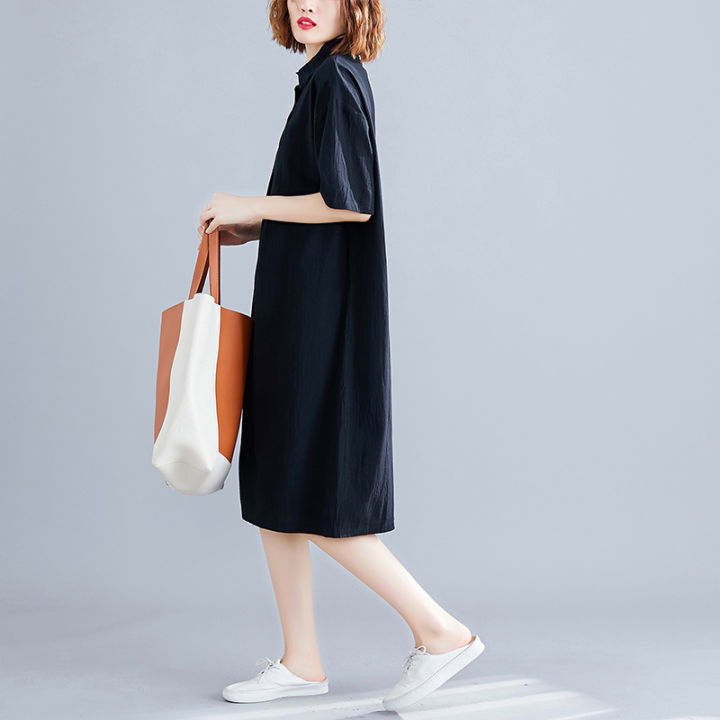 new-arrival-korea-style-street-fashion-chic-gilrs-blouse-summer-dress-short-sleeve-plus-size-women-casual-midi-dress