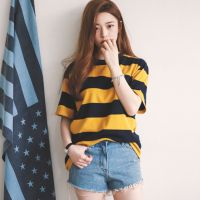 Yellow t Shirt Women Short Sleeve Korean Fashion Tops Stripe T-shirts Women Clothing