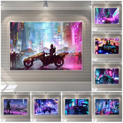 Future Sci-Fi Cybers _ Punk Art Night City Street รถ Neon Wall Art ภาพวาดผ้าใบสำหรับห้องนั่งเล่นตกแต่งบ้าน-โปสเตอร์พิมพ์