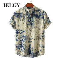 IELGY เสื้อผู้ชายลำลองขาสั้นพิมพ์ลายแขนคอปกแหลมเสื้อเข้ารูปบางๆ