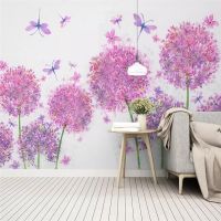 ✆ Decorative Wallpaper Modern Pink Hydrangea Leaf Dragonfly Background Wall Painting