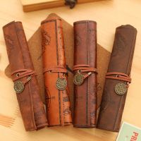 【DT】hot！ Retro Treasure Map Roll Pencil Case PU Leather Big Capacity Pen Bag Makeup Brush Pouch Pencilcase School Stationery Supplies