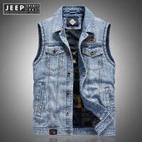 JEEP SPIRIT 1941 ESTD ผู้ชายฤดูใบไม้ร่วงตกปลากลางแจ้งเสื้อกั๊ก Casual Stand COLLAR Tooling DENIM Vest