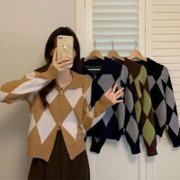 Lucyever ฤดูใบไม้ร่วงฤดูหนาวถักเสื้อสเวตเตอร์ถักผู้หญิง Vintage Argyle ลายสก๊อตซิปเสื้อกันหนาวผู้หญิงเกาหลีหลวมแขนยาวเสื้อถัก