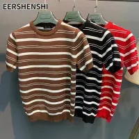 EERSHENSHI เสื้อเชิ้ตใส่สบายถักแขนสั้นผู้ชาย แขนสั้นลายลำลองฤดูร้อน