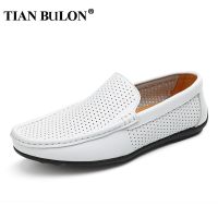 Summer Mens Shoes Casual Luxury Brand Genuine Leather Men Loafers Hollow Out Breathable Driving Shoes White Slip On Moccasins