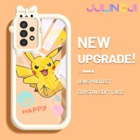 Jlingji เคสปลอกสำหรับ Samsung A13 5G A04s ลายการ์ตูนแฮปปี้ปิกาจูสีสันสดใสน่ารักเล็กๆน้อยๆกล้องมอนสเตอร์นิ่มสำหรับเลนส์กันกระแทกแบบใสเคสมือถือความคิดสร้างสรรค์โปร่งใสเรียบง่ายฝาครอบป้องกันซิลิโคน