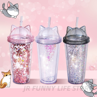 [High-End ถ้วย] 420Ml หูแมวขวดน้ำสำหรับสาวเลื่อม BPA ฟรี Double Wall Tumbler ฟาง Reusable Smoothie ถ้วย Drinkware