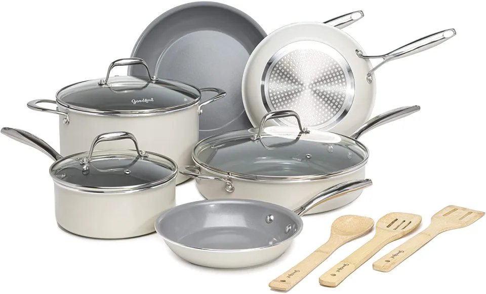 Goodful Classic Stainless Steel Cookware Set with Tri-Ply Base, Impact Bonded Pots and Pans, Dishwasher Safe, 12-Piece