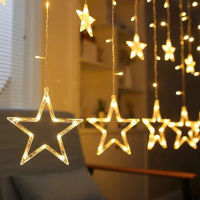 2.5M Star Curtain Lights Christmas Decoration Warm White 12 Stars 138 LED Fairy String Lights USB 8 Modes for Bedroom Wedding