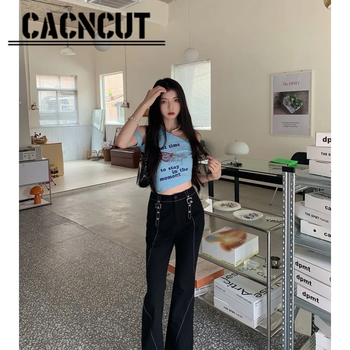 cacncut-เสื้อเสื้อยืดคอกลมผู้หญิงสำหรับนักเรียนหญิง-เสื้อเปิดไหล่สั้นเปิดไหล่แบบอเมริกัน