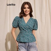 Lovito Women Boho Ditsy Floral Wrap Puff Sleeve Knot Blouse L37LD068 (Green)