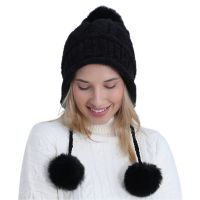 Women Winter Plush Lining Thick Cable Knit Chenille Beanie Hat Cute Pompom Ball Earflap Trapper Cap Solid Color Thermal Fuzzy