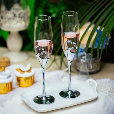Wedding Champagne Glass Set with Rhinestone Rimmed Hearts Decoration for Wedding, Anniversary and Special Occasionss