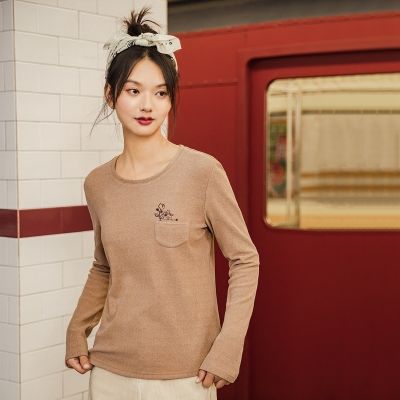 INMAN Autumn Winter Lady Tees Female Clothing Long Sleeve Embroidered Basic Bottomed Cotton Elastic Top Womens T-shirt