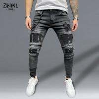 Mens Streetwear Fashion Pants Elastano Skinny Slim Jeans patch pockets ripped jeans for men street broken black denim Trousers