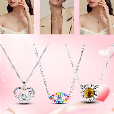 925 Silver Classic Cable Chain Sunflower Sunshine Flower Stone Chain Necklace Fit Original Charm Bead Pendant for Women Jewelry