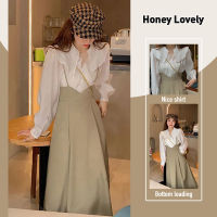 Honey Lovely ใหม่สองชิ้นชุดสไตล์น้ำหอมขนาดเล็กออกแบบเสื้อแฟชั่นกระโปรงเอวสูงกระโปรงทรงเอชุดอ้วนเล็กน้อย HON1103