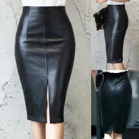 Mode Shop HangQiao Wanita Pu Kulit Midi Skirt Musim Luruh Musim Sejuk Wanita Pakej Hip Depan atau Belakang Slit Pensil Skirt