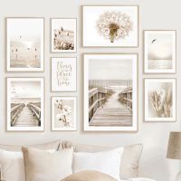 Beige Flower Grass Scenery Picture Canvas Painting Wall Art Dandelion Reed Beach Landscape Poster and Print