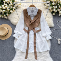 Simple Fashion Cal Suit Womens New Korean Version Loose White Shirt + Short Vest Western Style Slim Girl Two-piece Set