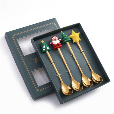 4pcs Christmas Coffee Spoon Ornaments New Year 2024 Merry Christmas Spoons Metal Coffee Fork Home Decorations Navidad 2023 Gifts