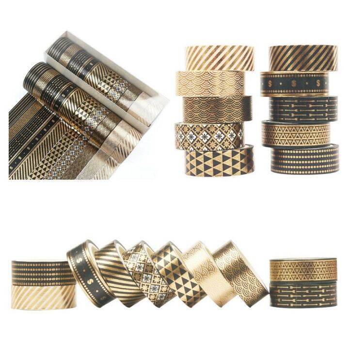 10-rolls-black-gold-foil-washi-tape-set-paper-scrapbooking-adhesive-masking-diy