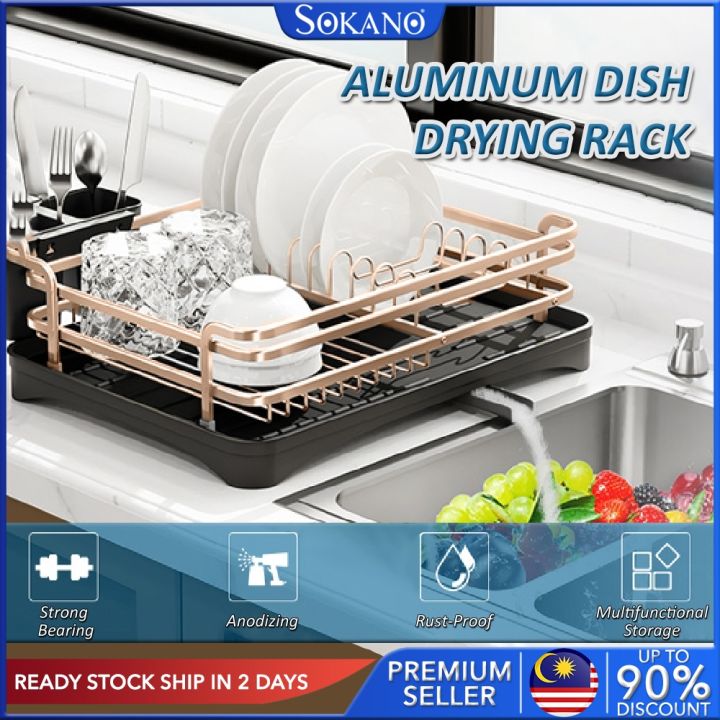 Aluminum Dish Drying Rack with Cutlery Holder, Rose Gold - On Sale