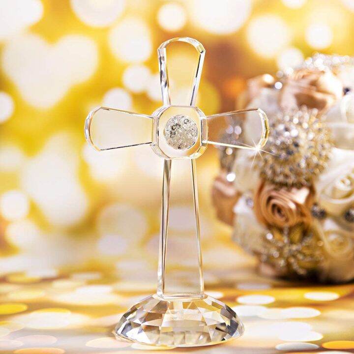 Crystal Cross Traditional Standing Cross On Base 17CM Tall Clear Glass