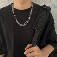 Stainless Steel Chain Necklace for Men Cross Pendant Double Layer Puck Rock Jewelry On The Neck Fashion Necklace Stranger Things