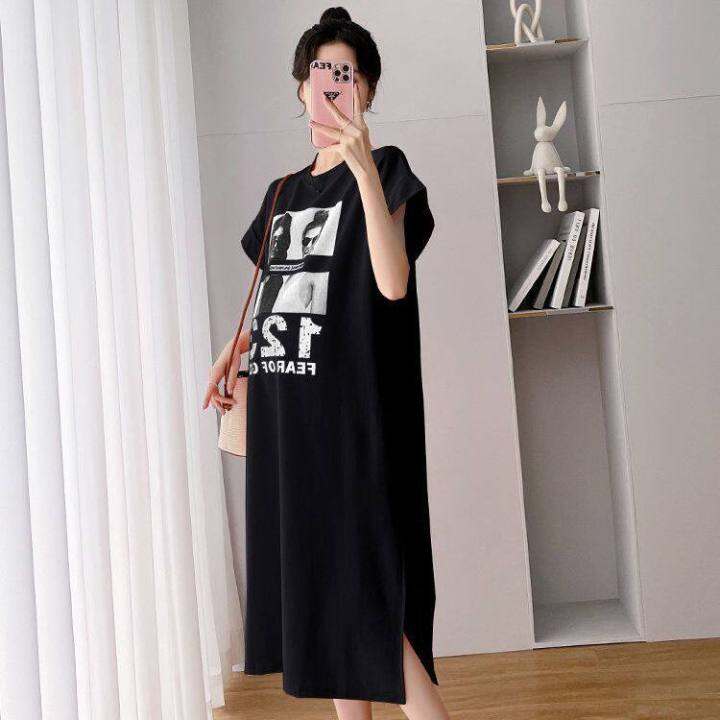 naza-trend-store-free-shipping-ชุดฤดูร้อนสำหรับคนท้องเสื้อแขนสั้นแฟชั่นฤดูร้อนผ่าข้างเหนือเข่าชุดหลวมเสื้อยืดฤดูร้อนกระโปรงยาว