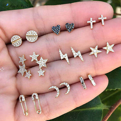 9คู่ Ear Studs เลดี้ต่างหูแฟชั่นชุดเพชรปลอมฝัง Star Moon รอบรักรูปร่าง