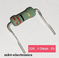 (20ตัว) 22R , 22โอห์ม , Metal Oxide Film Resistor 1/2Watt 1/2วัตต์