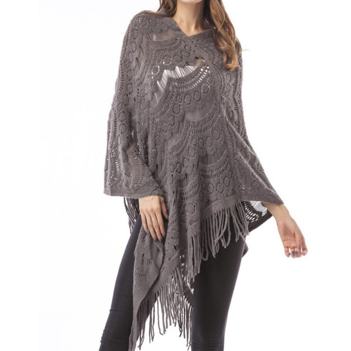 women-hollow-out-crochet-batwing-sweater-cape-pullover-knitted-shawl-scarf-solid-color-tassels-asymmetric-poncho-wrap