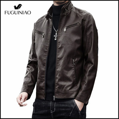 FUGUINIAO เสื้อผ้าหนังผู้ชาย Retro Korean Trend Leather Biker Wallet Jacket