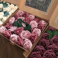 25pcs/box Artificial Flowers Blush Roses Realistic Fake Roses w/Stem for DIY Wedding Party Bouquets Baby Shower Home Decorations Artificial Flowers  P