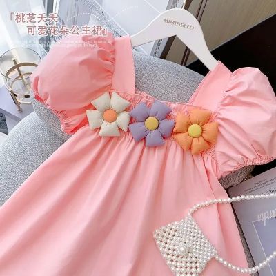 Baby Girls Dress Summer Pink Cute Slim Fit Puff Sleeves Elegant Princess Dress With Flowers Birthday Party Clothes 1-9 Years Old