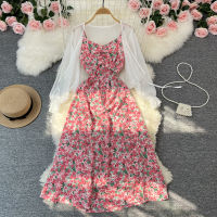 French Style Retro Anti-Aging Covering Belly Thin Floral Strap Dress Chiffon Inverness Sweet Temperament Twinset