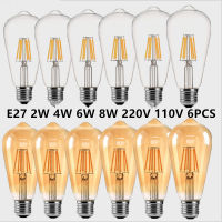 6PCS LED ST64 2W 4W 6W 8W DC 220V 110V Dimmable Gold Filament Bulb E27 B22 Light Vintage Edison โคมไฟ R Gold Glass ลักษณะ