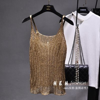 ✒ 2022 spring and summer new match bingbing sparkling sequins vertical knitted hollow camisole sexy bottoming vest top