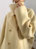 【HOT】 ins temperament womens mid-length double-breasted simple double-sided wool coat woolen women Korean 2023