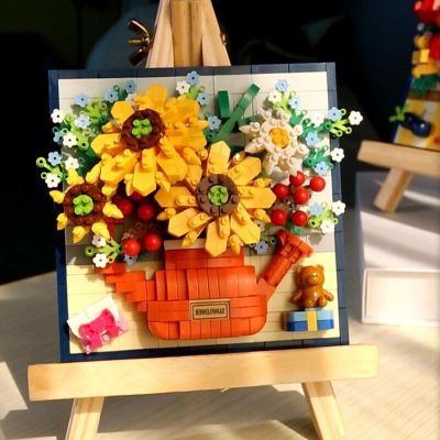 กุหลาบอาทิตย์กระถางช่อดอกไม้ตกแต่งบ้าน3D โมเดลช่อดอกไม้กุหลาบบล็อคก่อสร้างอิฐของเล่นแบบประดิษฐ์ของขวัญ