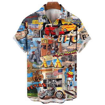 Route 66เสื้อมอเตอร์ไซค์อเมริกันสำหรับผู้ชายเสื้อผ้าฮาวายเสื้อเชิ้ตชายหาด3D พิมพ์ลายเสื้อมอเตอร์ครอสฮิปฮอปเสื้อร็อค